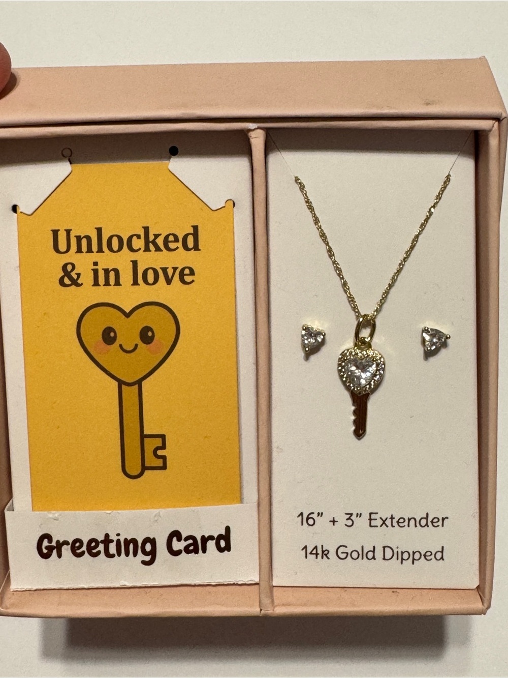 Gold Heart Key Pendant Necklace with Heart Studs - Gold